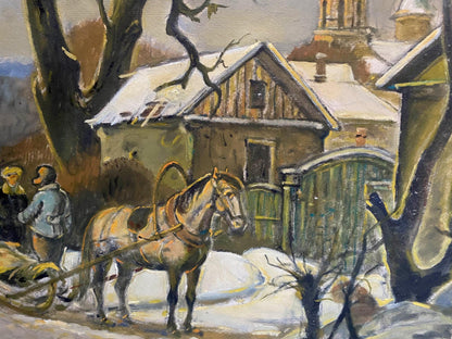 Oil painting by Litvinov Oleg Arkad’yevich: brown horse pulls sled in snow by rustic house