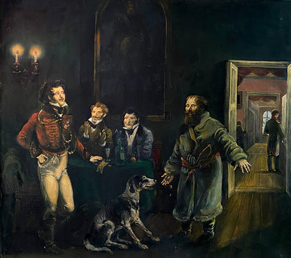 Oil painting by Litvinov Oleg Arkadyevich of two hussars and Tolstoy