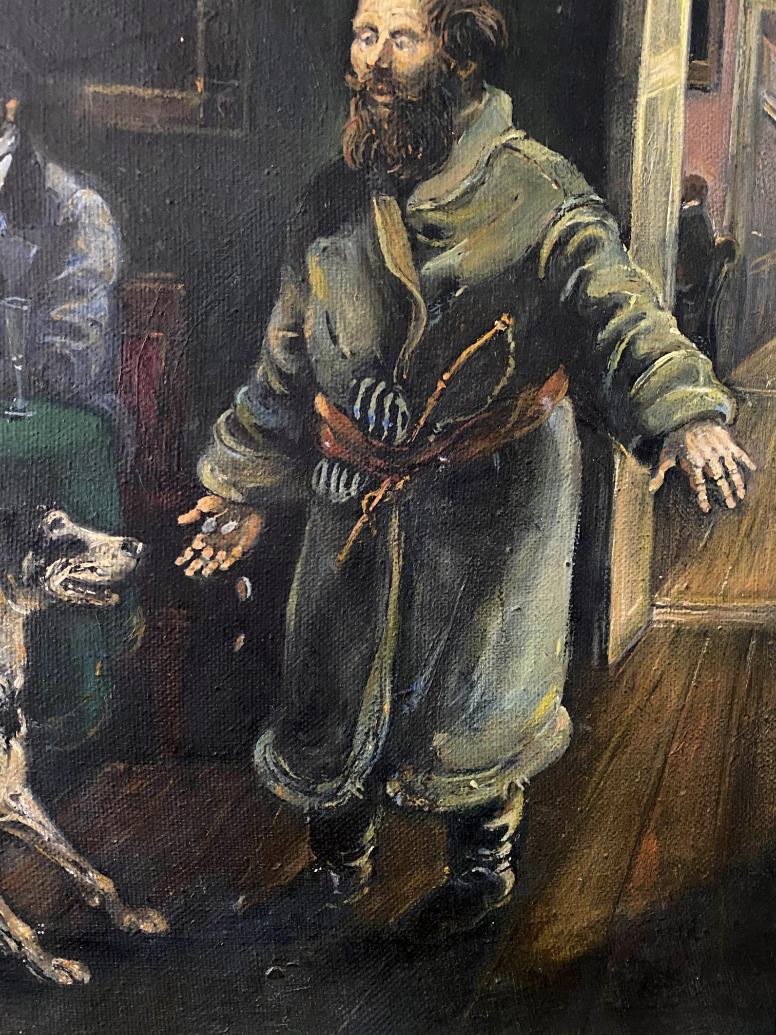 Oil painting of bearded hussar in olive coat with dog by Tolstoy Litvinov