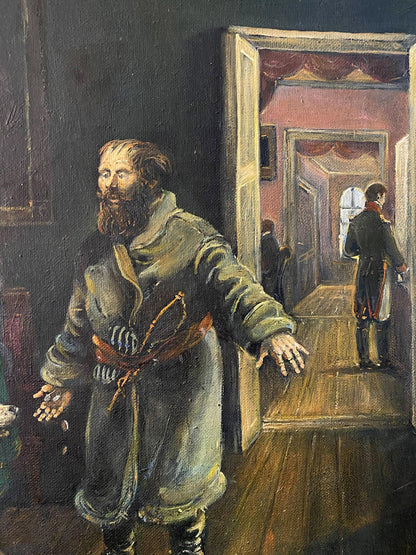 Dark green oil painting of bearded hussar in ornate coat by Tolstoy Litvinov