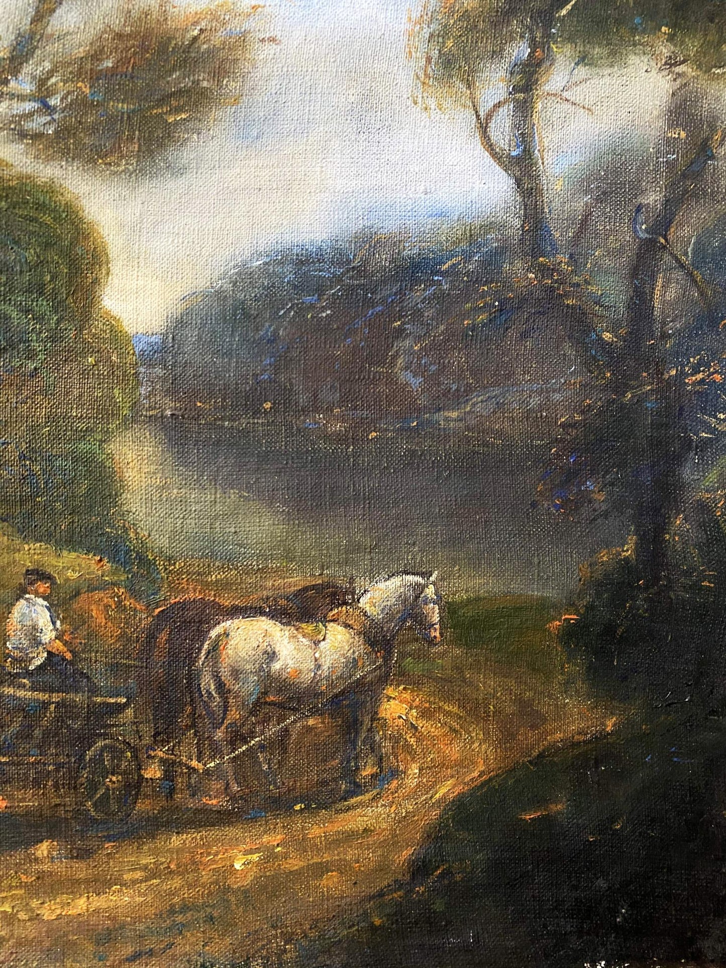 Rustic oil painting by Windy Litvinov Oleg Arkad’yevich: white and dark horses on misty forest path