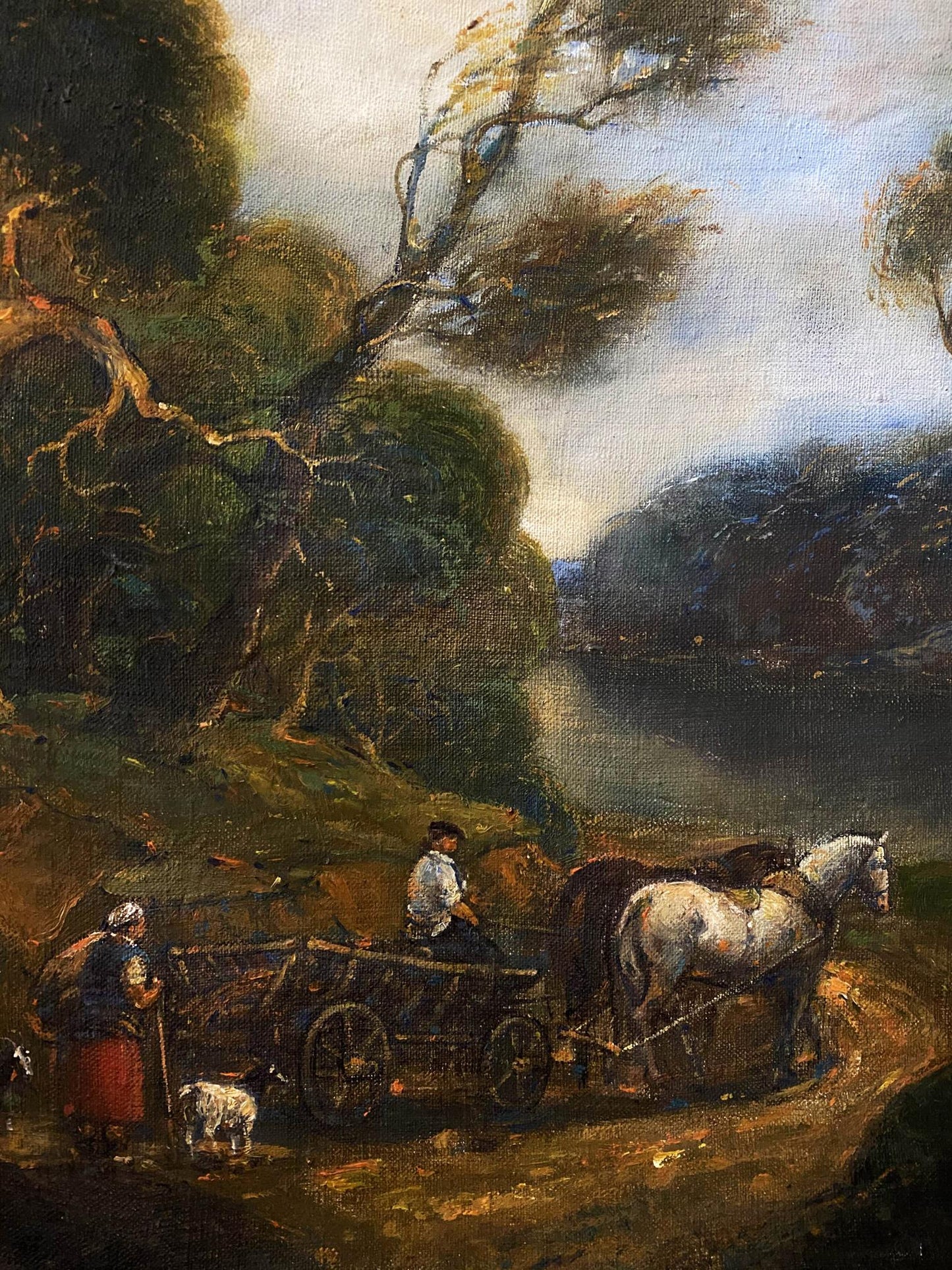 Rustic oil painting by Windy Litvinov Oleg Arkadyevich of white horse pulling cart