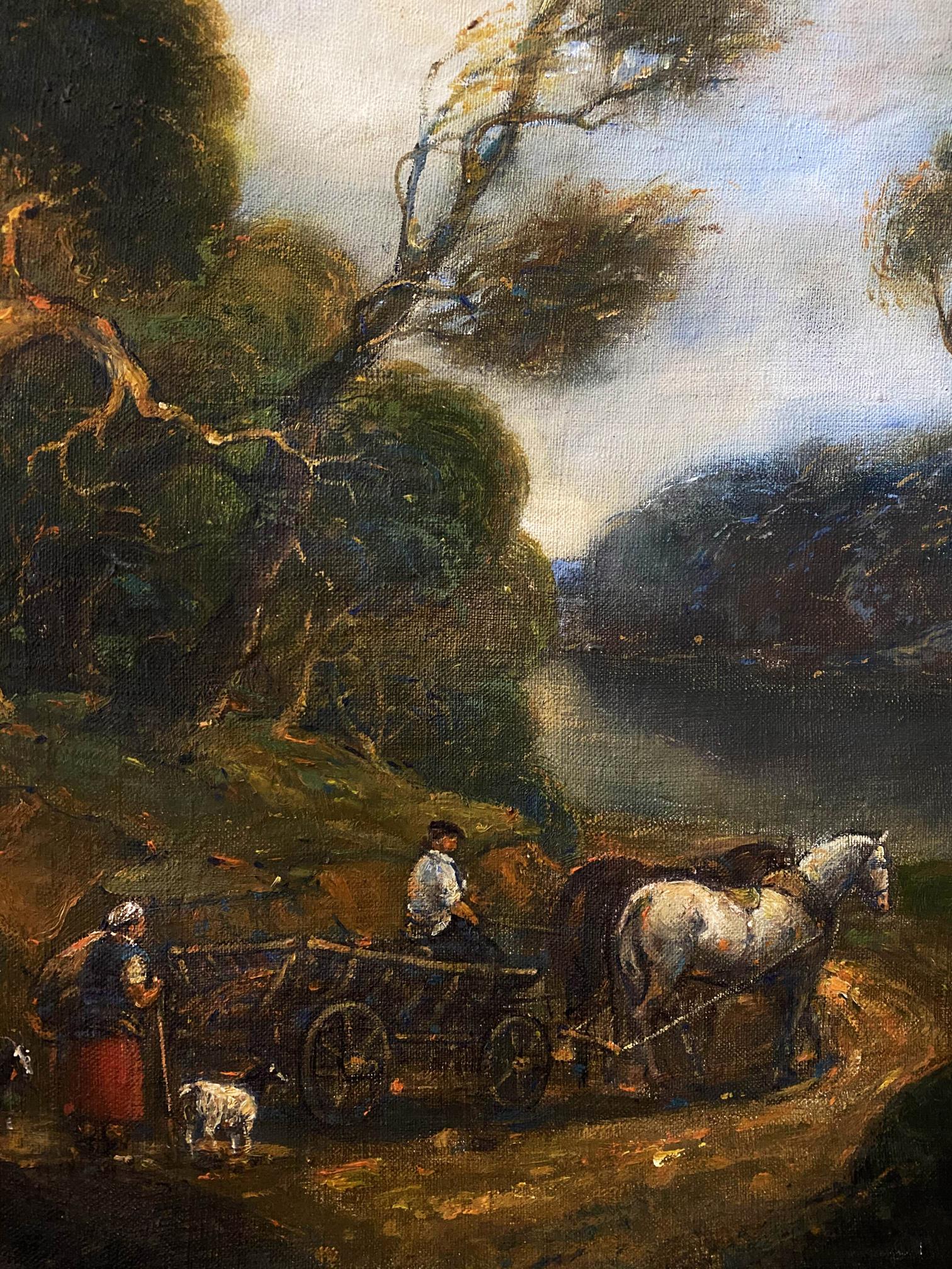 Rustic oil painting by Windy Litvinov Oleg Arkadyevich of white horse pulling cart
