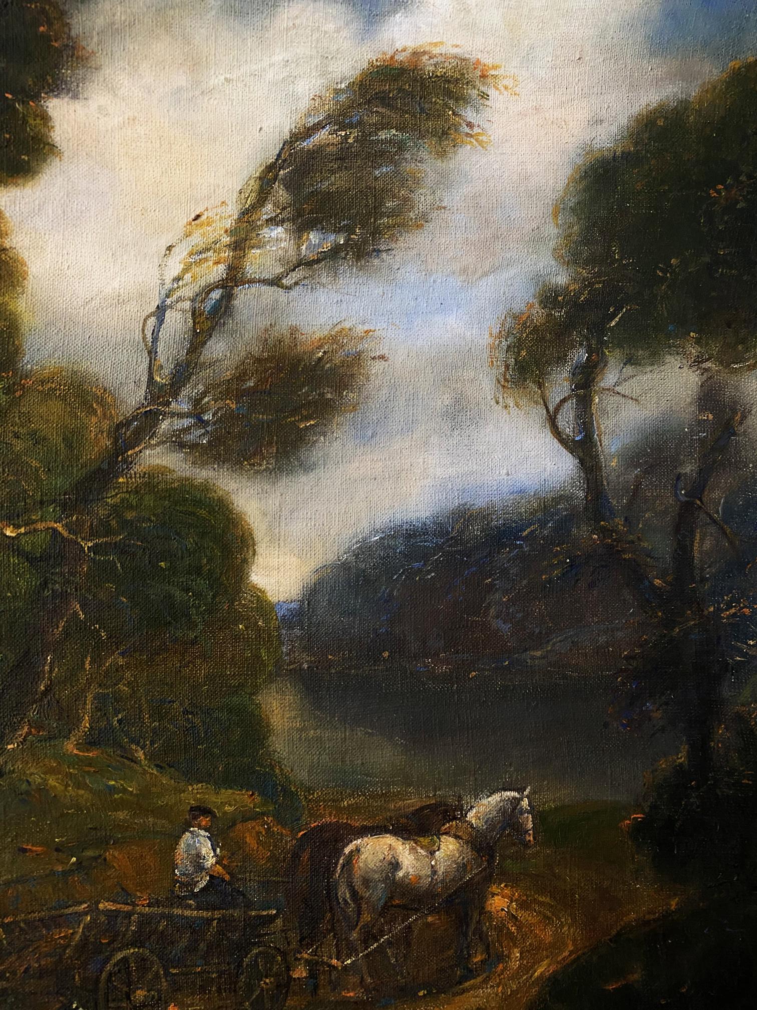 Rustic oil painting by Litvinov Oleg Arkad’yevich of man on horse cart in windy landscape