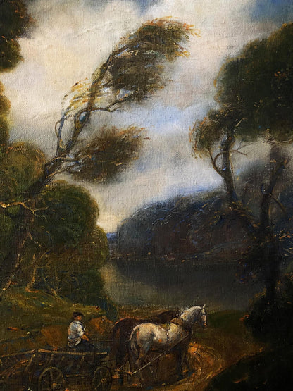 Rustic oil painting by Litvinov Oleg Arkad’yevich of man on horse cart in windy landscape
