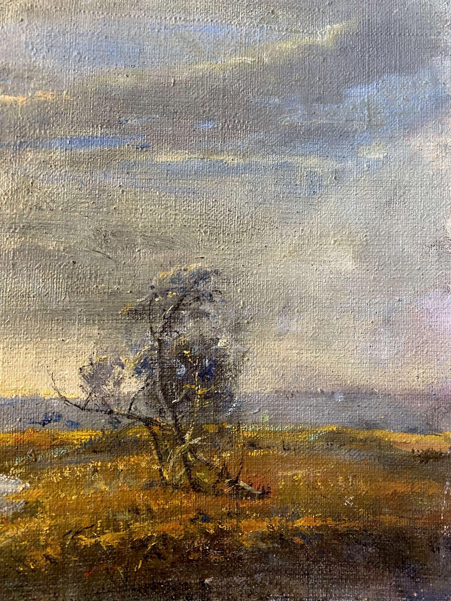 Oil painting by Litvinov Oleg Arkad’yevich: solitary tree in golden field under cloudy sky