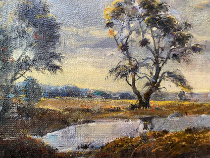 Oil painting Cloudy by Litvinov Oleg Arkad’yevich: serene landscape with leaning trees over pond
