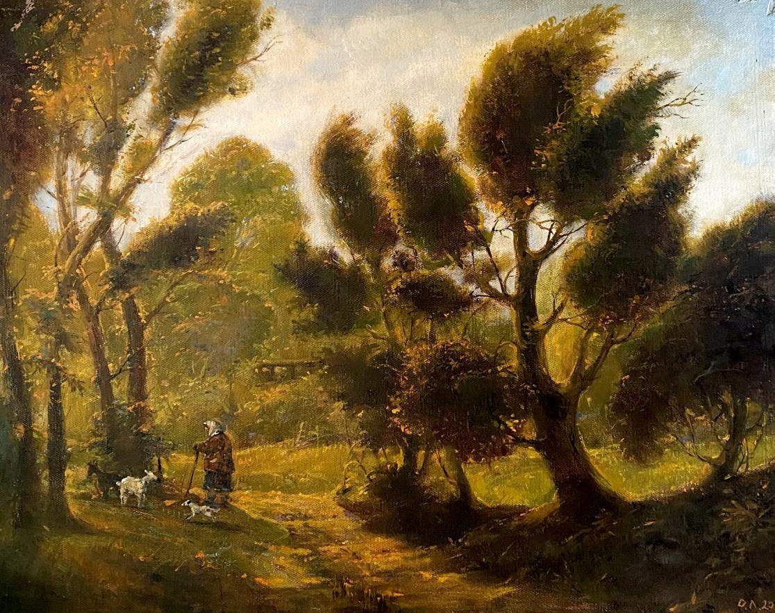 Rustic oil painting September day by Oleg Litvinov: figure in dark clothes walks sunlit wind-swept forest