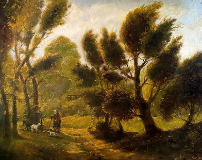 Rustic oil painting September day by Oleg Litvinov: figure in dark clothes walks sunlit wind-swept forest
