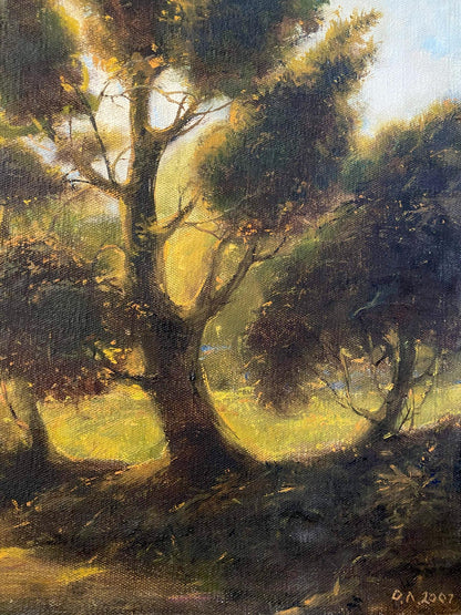 Oil painting September day by Oleg Litvinov sunlit forest scene