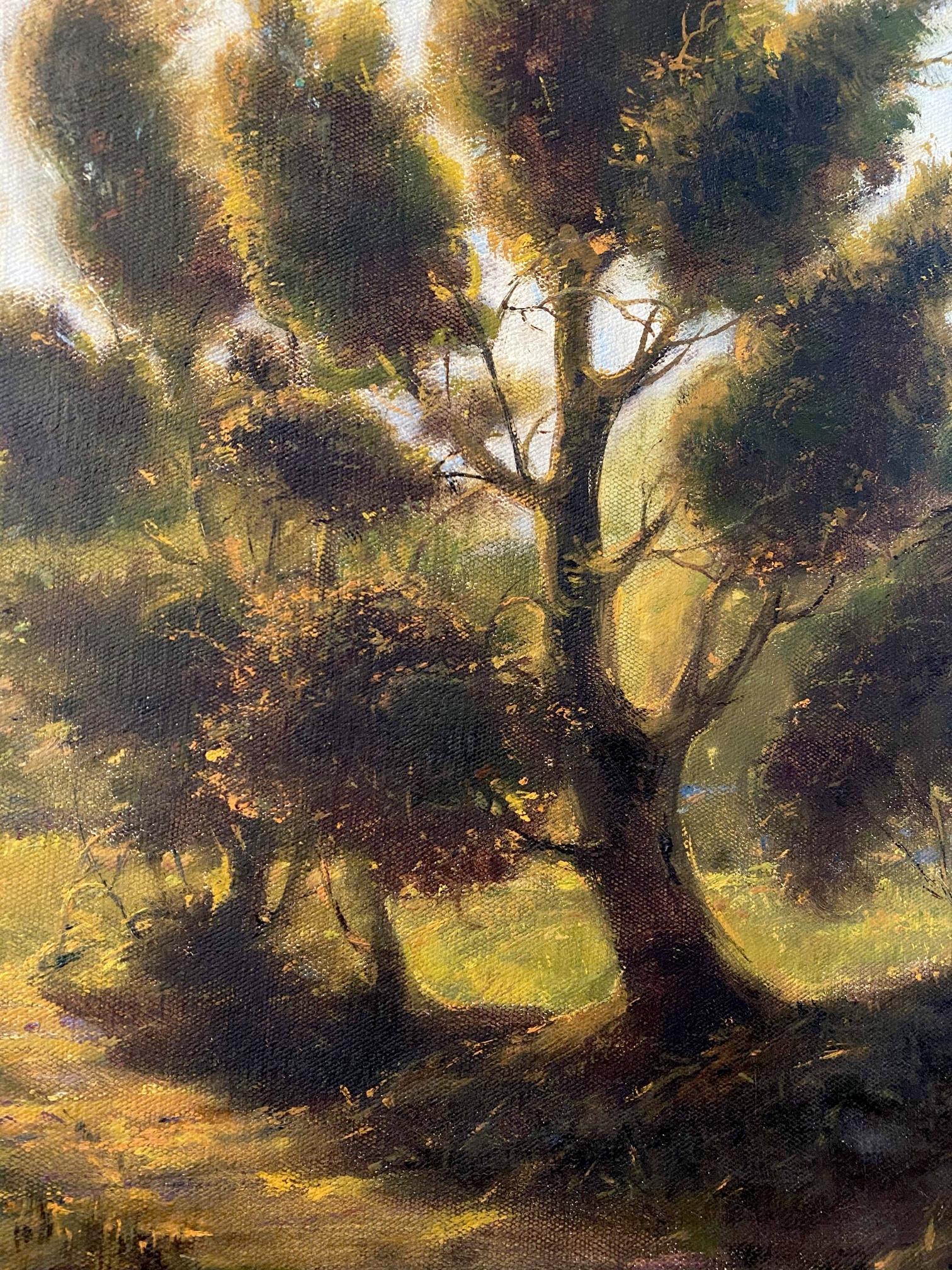 Oil painting September day by Oleg Litvinov: solitary tree in golden yellows, greens