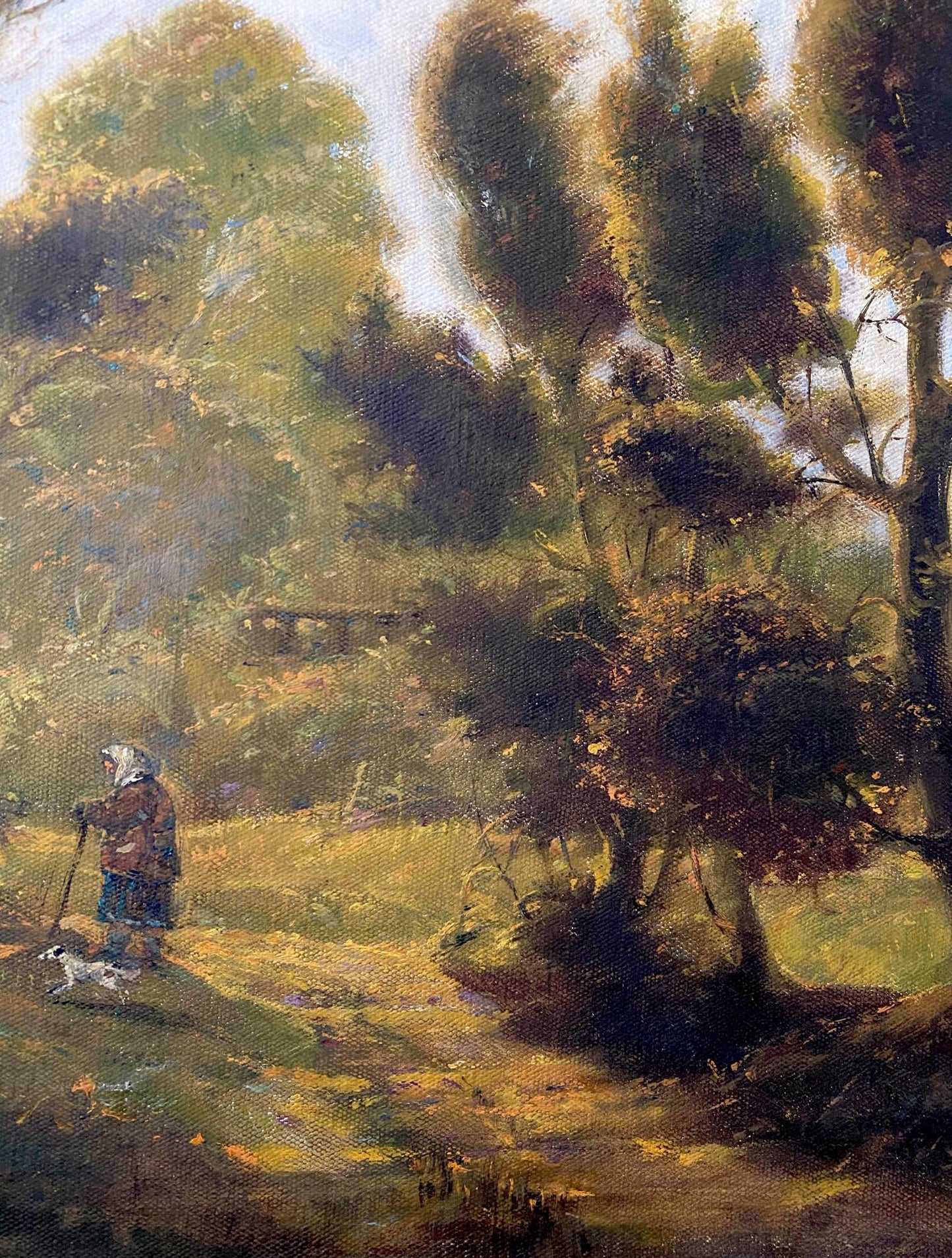 Oil painting September day by Oleg Litvinov: woman with dog in sunlit woods