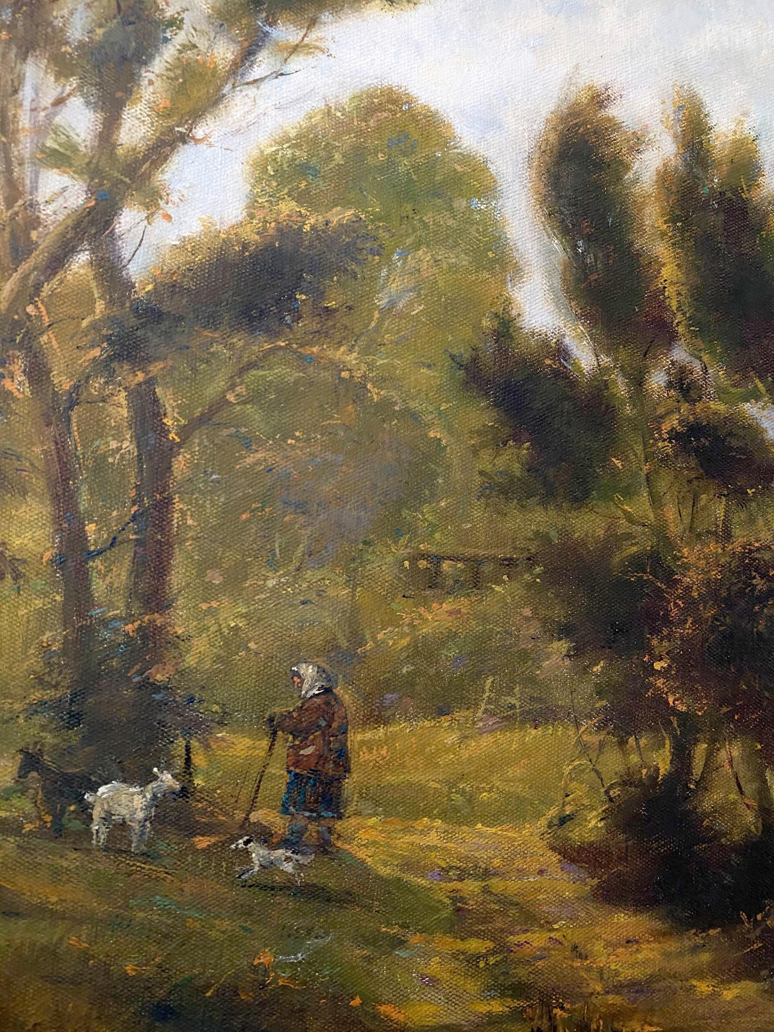 Rustic oil painting September day by Oleg Litvinov: woman and goats in forest