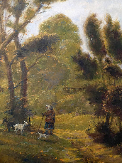 Rustic oil painting September day by Oleg Litvinov: woman and goats in forest