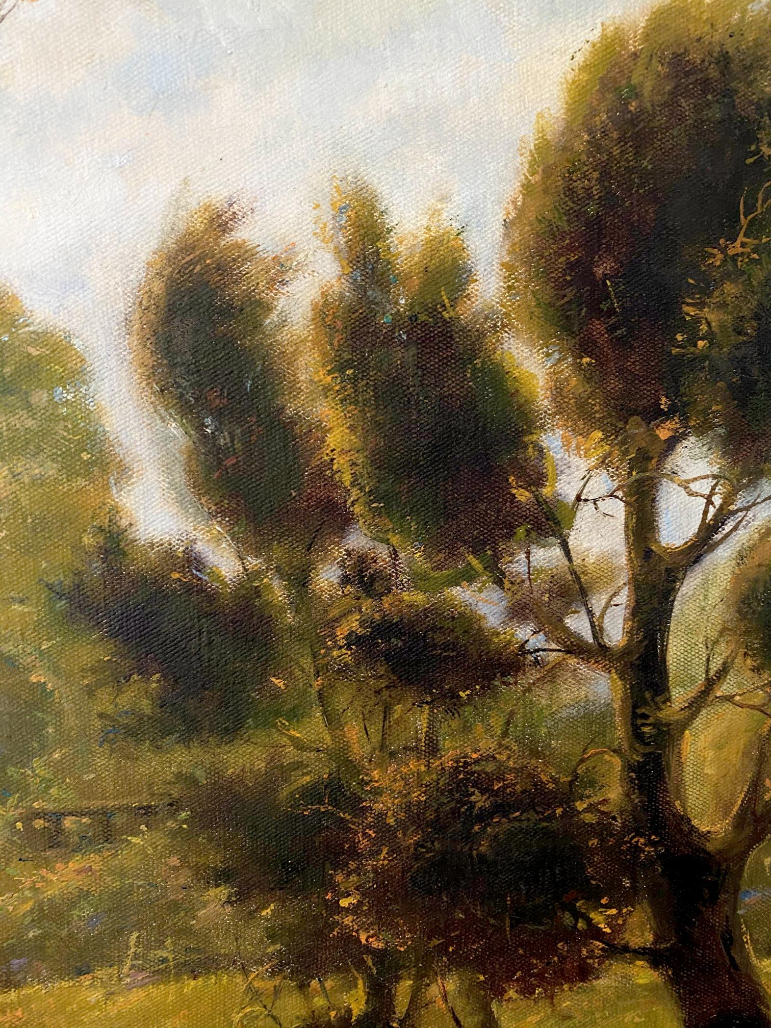 Oil painting September day by Oleg Litvinov with lush green trees