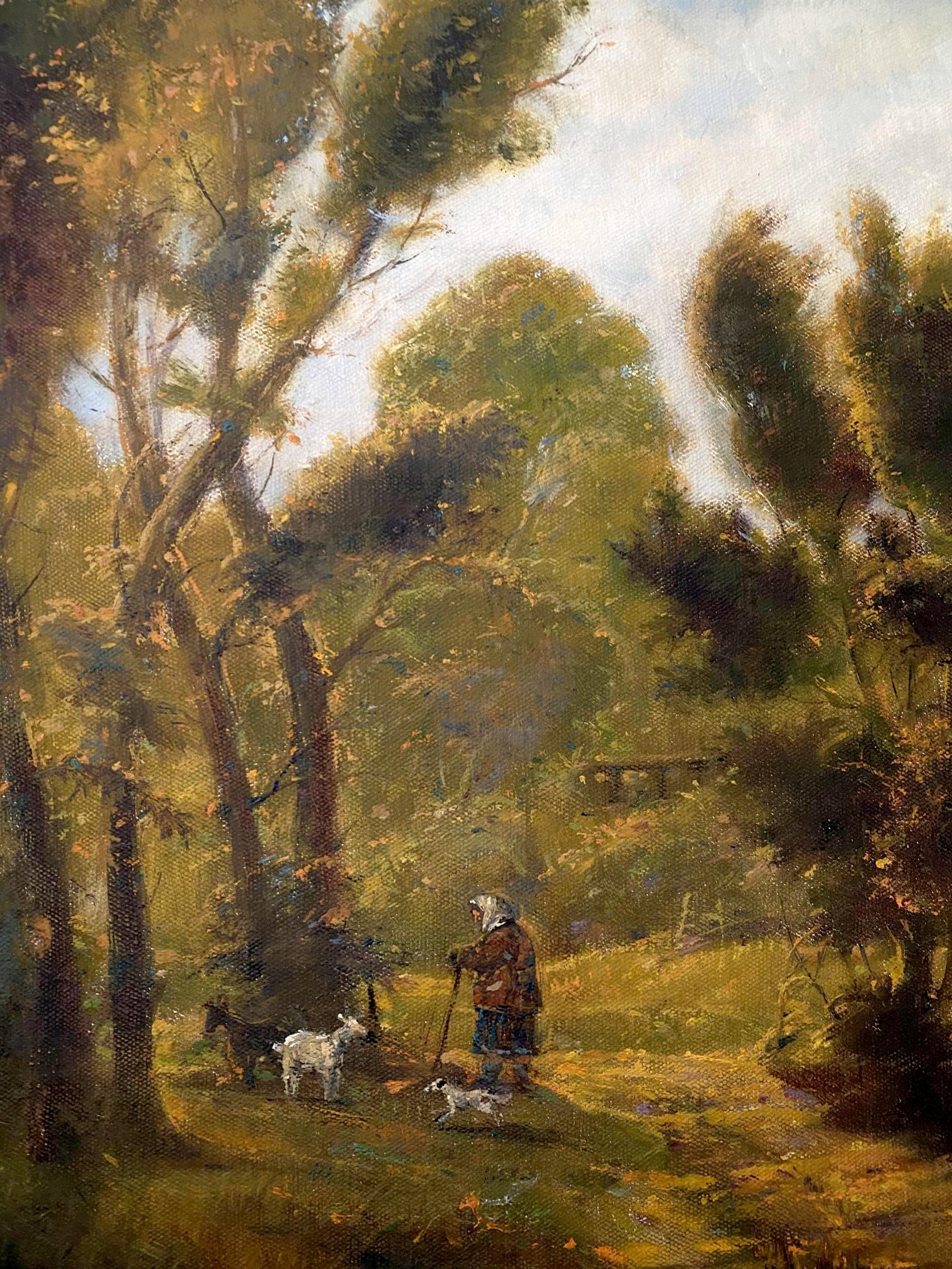 Oil painting September Day by Oleg Litvinov: figure with dogs in sunlit forest