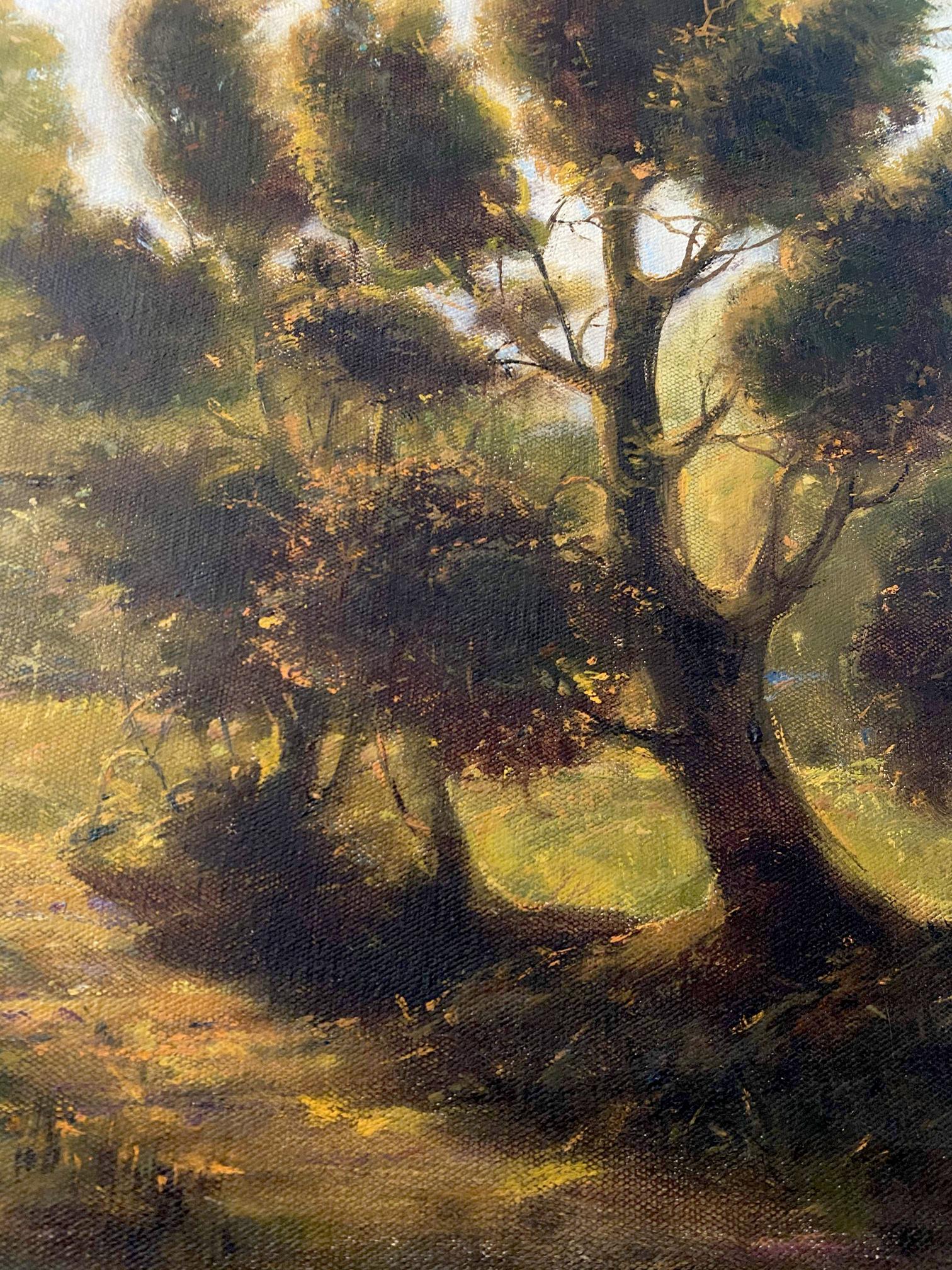 Oil painting September day by Oleg Litvinov textured trees in dappled sunlight