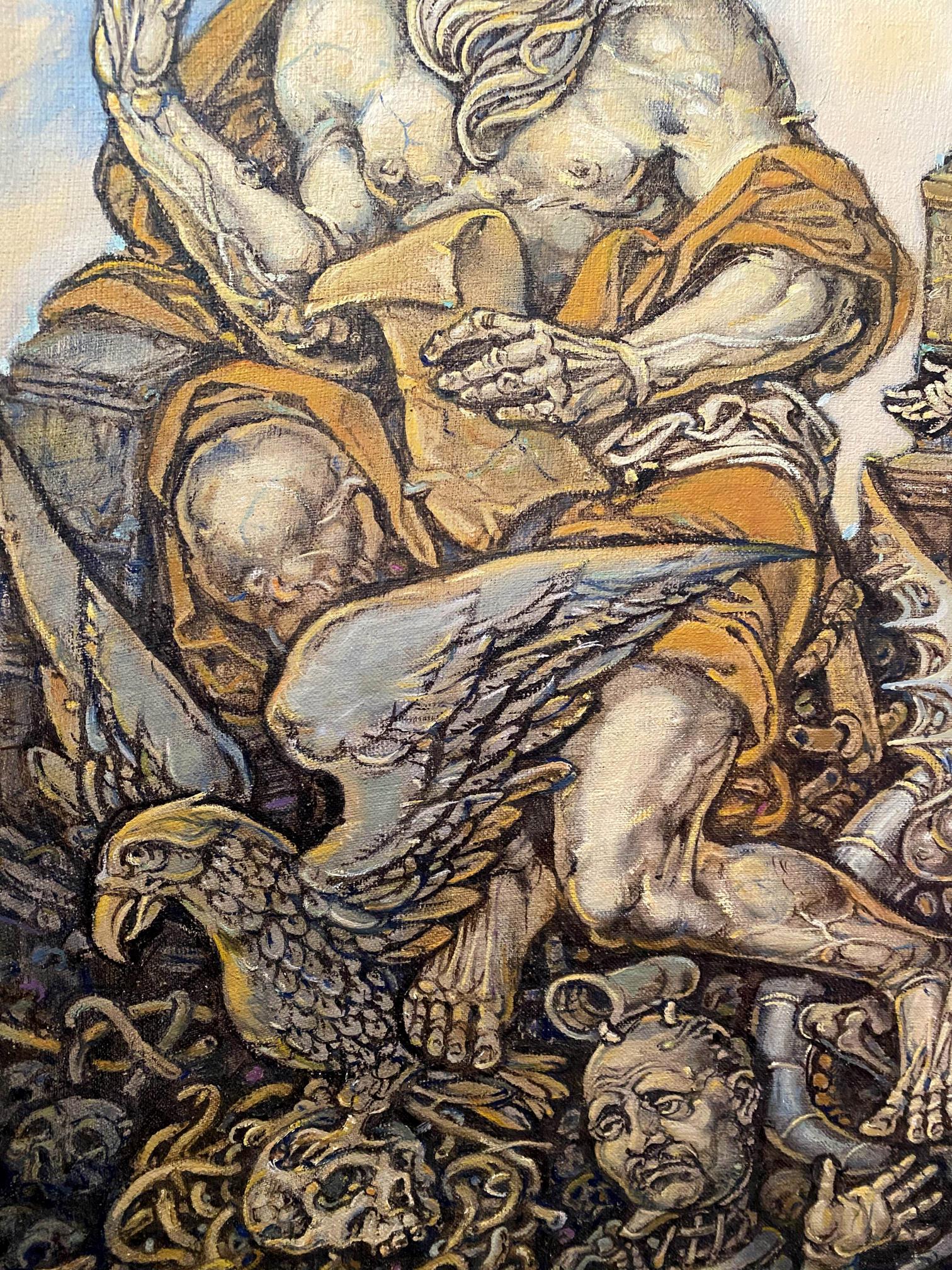 Oil painting of John the Evangelist by Oleg Litvinov, muscular skeletal figure in orange fabric with skulls and eagle