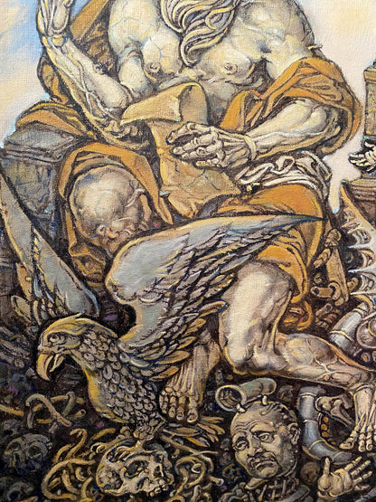 Oil painting of John the Evangelist by Oleg Litvinov, muscular skeletal figure in orange fabric with skulls and eagle