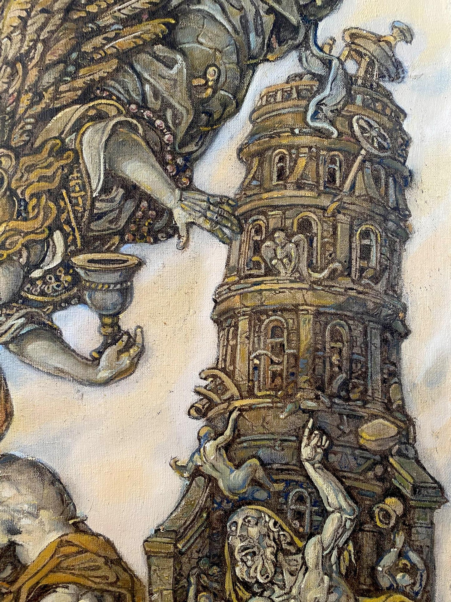 Oil painting of multi-tiered stone tower by Oleg Litvinov, John the Evangelist gifts