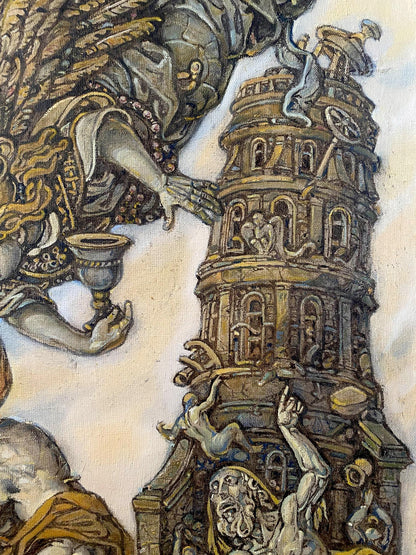 Oil painting of multi-tiered stone tower by Oleg Litvinov, John the Evangelist gifts