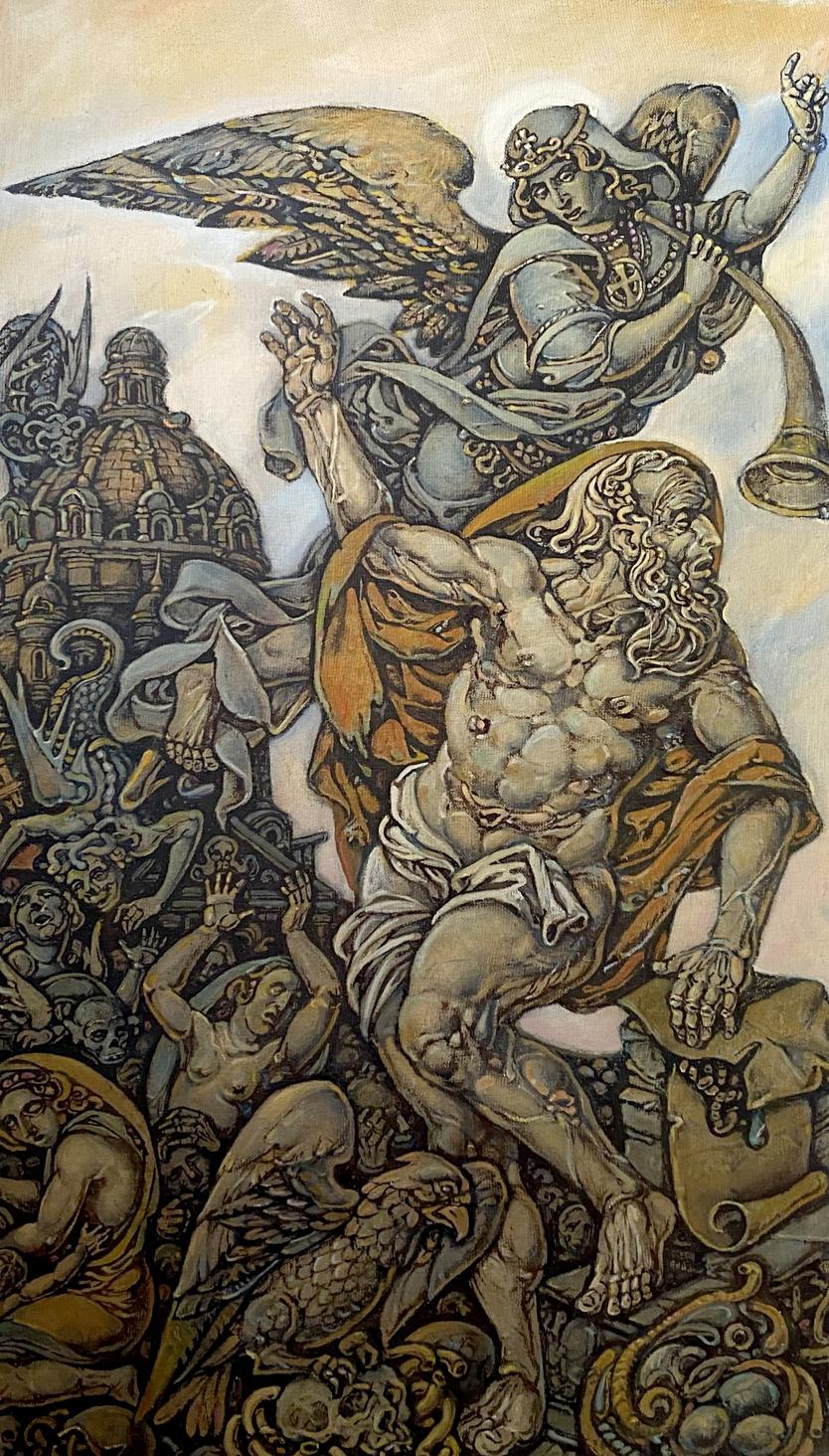 Oil painting of angelic warrior subduing bearded figure by Oleg Litvinov