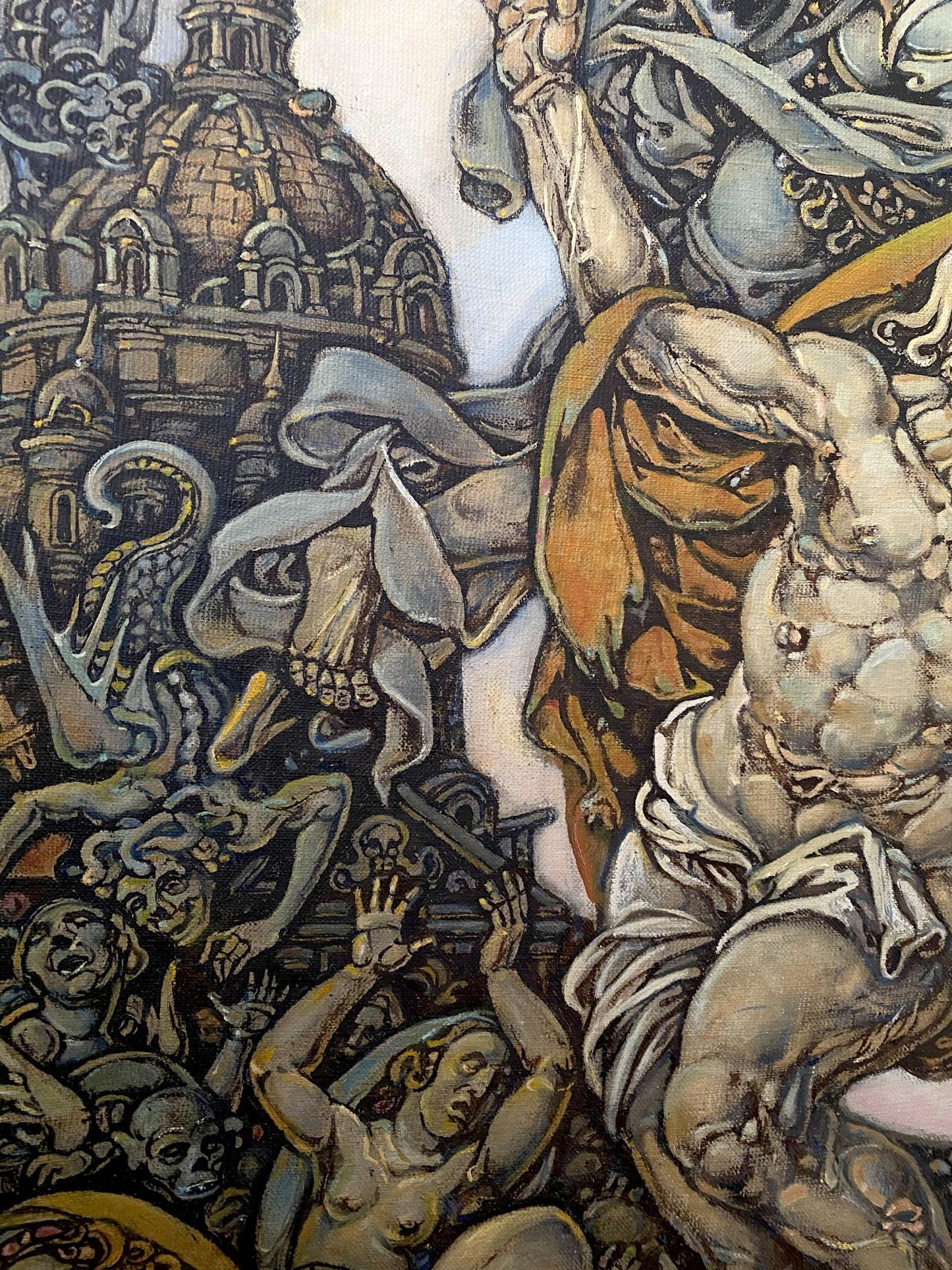 Oil painting Songs of John the Evangelist by Oleg Litvinov, muscular figure in robes amid skeletons