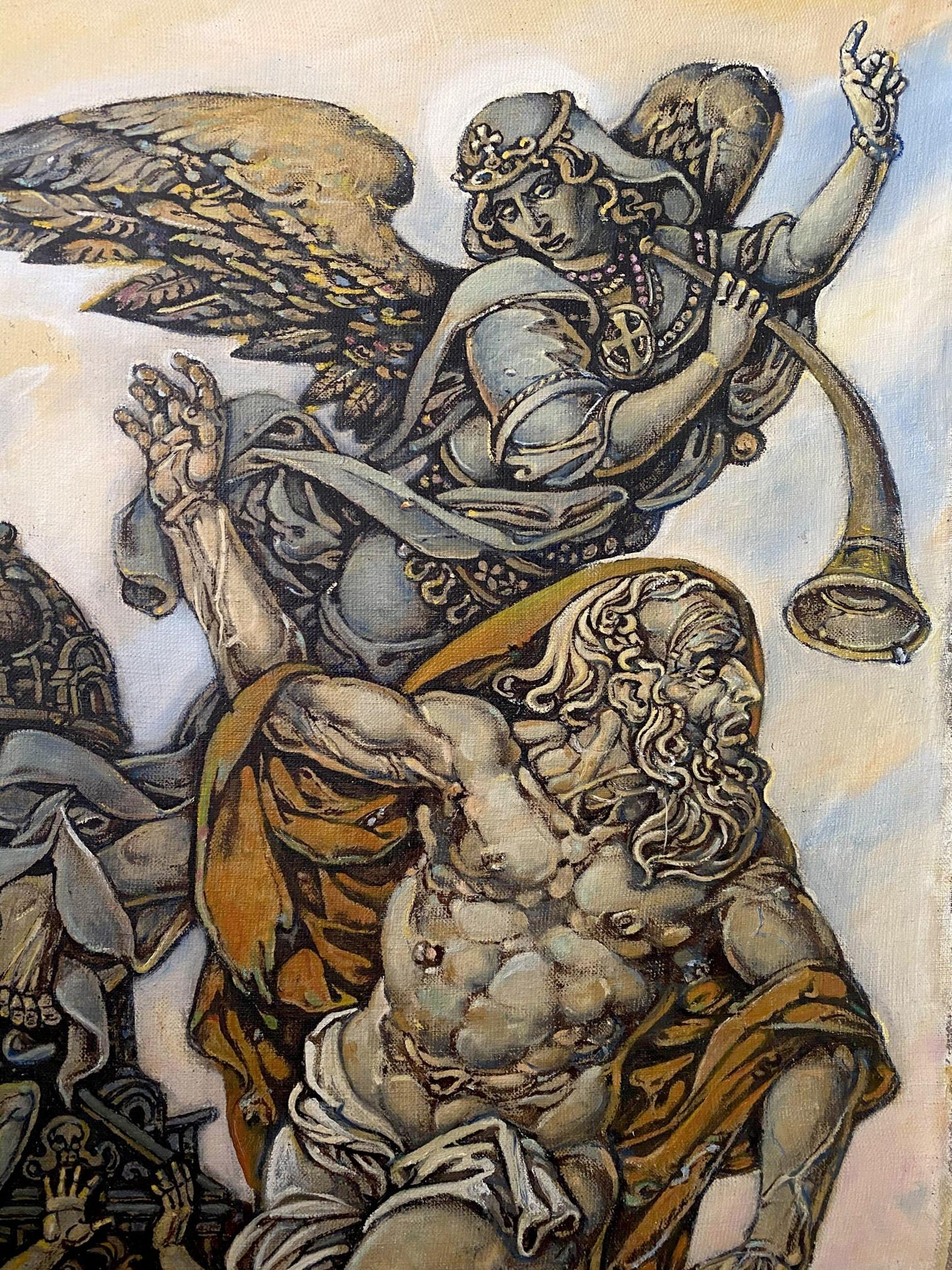Oil painting Songs of John the Evangelist by Oleg Litvinov: winged angel with trumpet over bearded figure