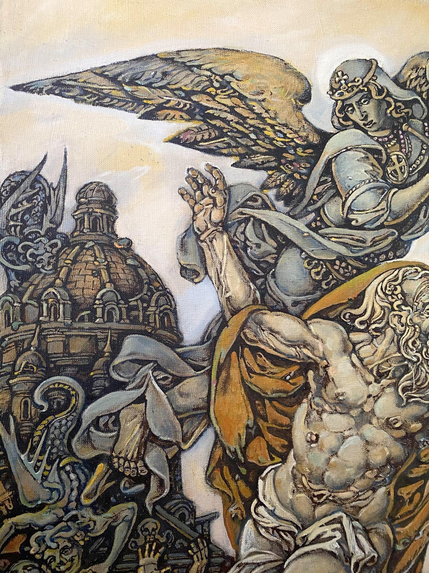 Oil painting Songs of John the Evangelist by Oleg Litvinov: winged angel in silver armor above draped figures and dome