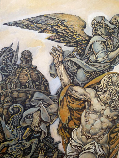 Oil painting Songs of John the Evangelist by Oleg Litvinov: winged angel in silver armor above draped figures and dome