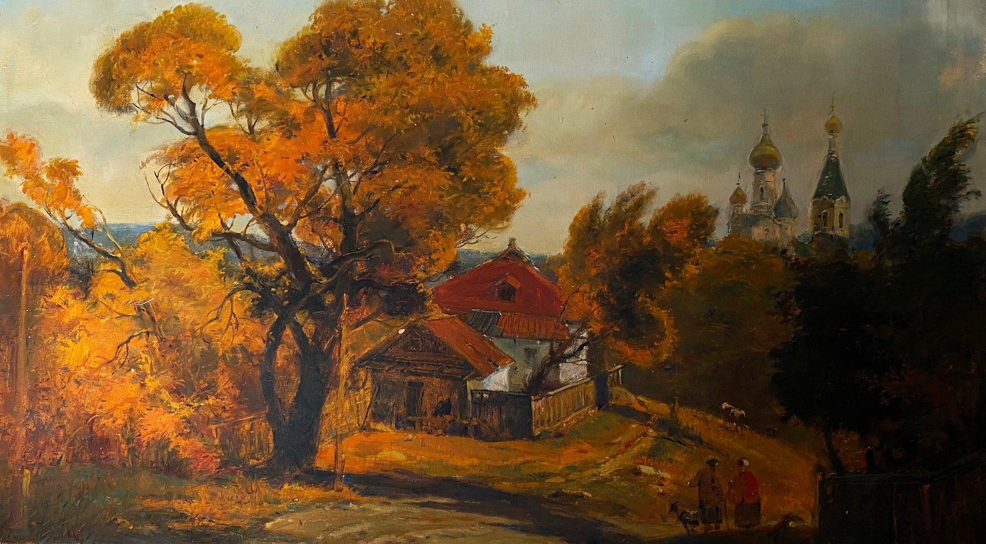 Oil painting Evening call by Litvinov Oleg Arkadyevich: autumn house and church