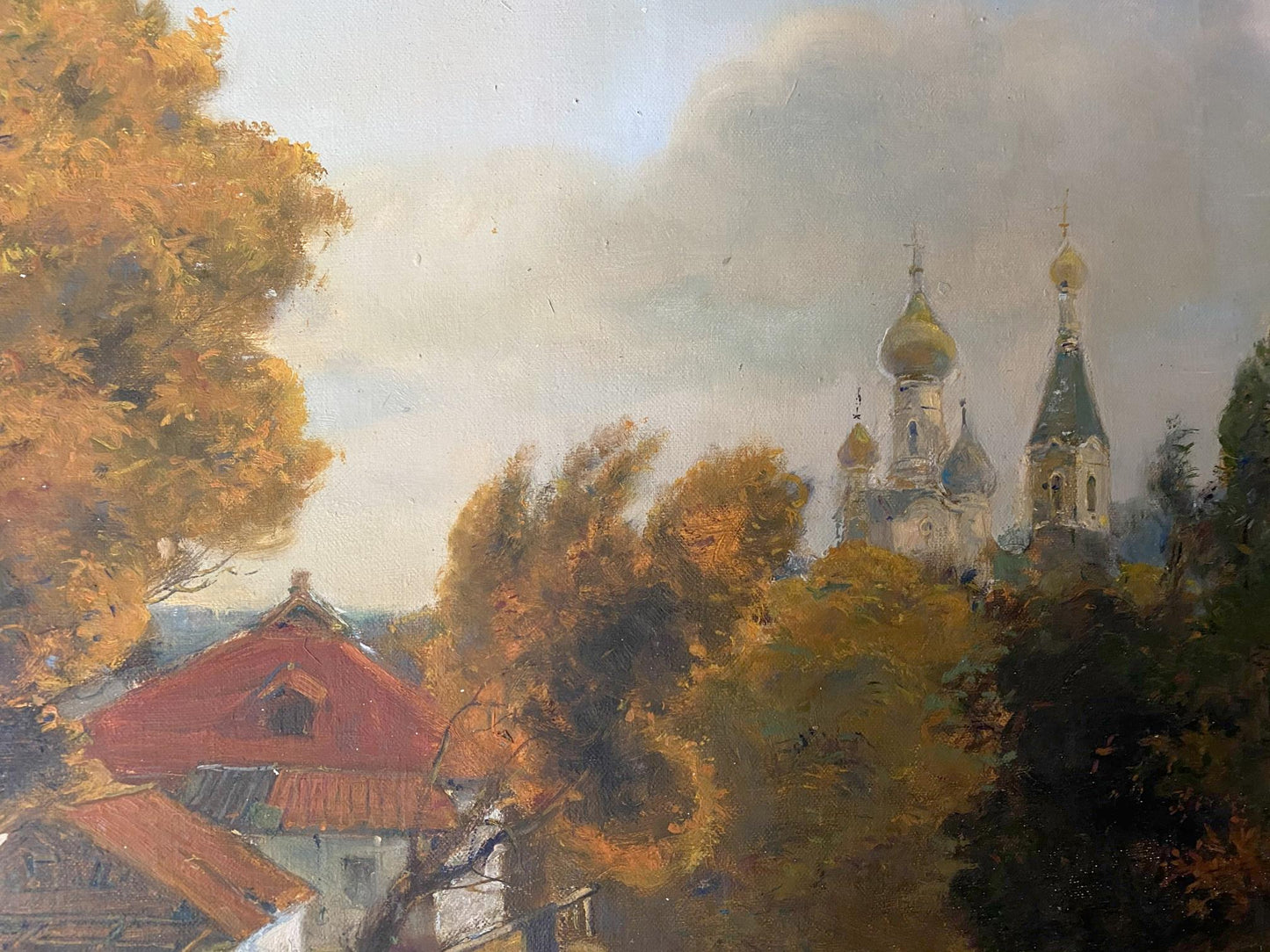 Oil painting Evening call by Litvinov Oleg Arkadyevich: R. Orthodox church with golden domes above autumn trees