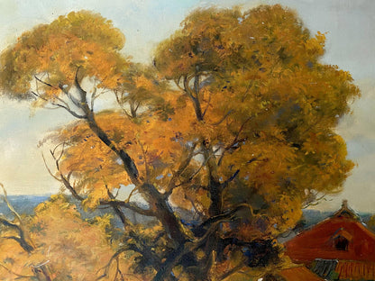 Oil painting Evening call by Litvinov Oleg Arkad’yevich, golden trees blue sky