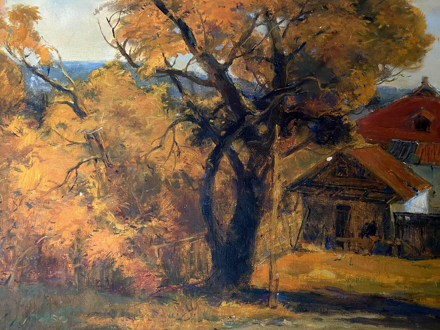 Oil painting Evening call by Litvinov Oleg Arkad’yevich: rustic house with red roof by autumn tree