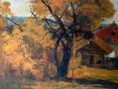Oil painting Evening call by Litvinov Oleg Arkad’yevich: rustic house with red roof by autumn tree