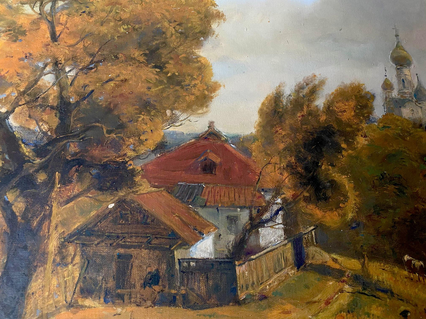 Oil painting Evening call by Litvinov Oleg Arkad’yevich, autumn village scene