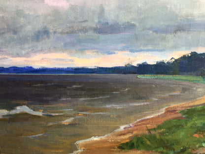 Serene oil painting by Lyudmila Vladimirovna Yudenko of tranquil shoreline