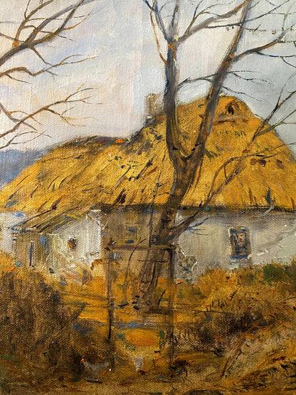 Oil painting of rustic white thatched house in golden tones by Litvinov Oleg Arkad’yevich