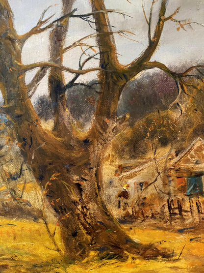 Oil painting Village dream by Litvinov Oleg Arkad’yevich, gnarled tree in muted landscape