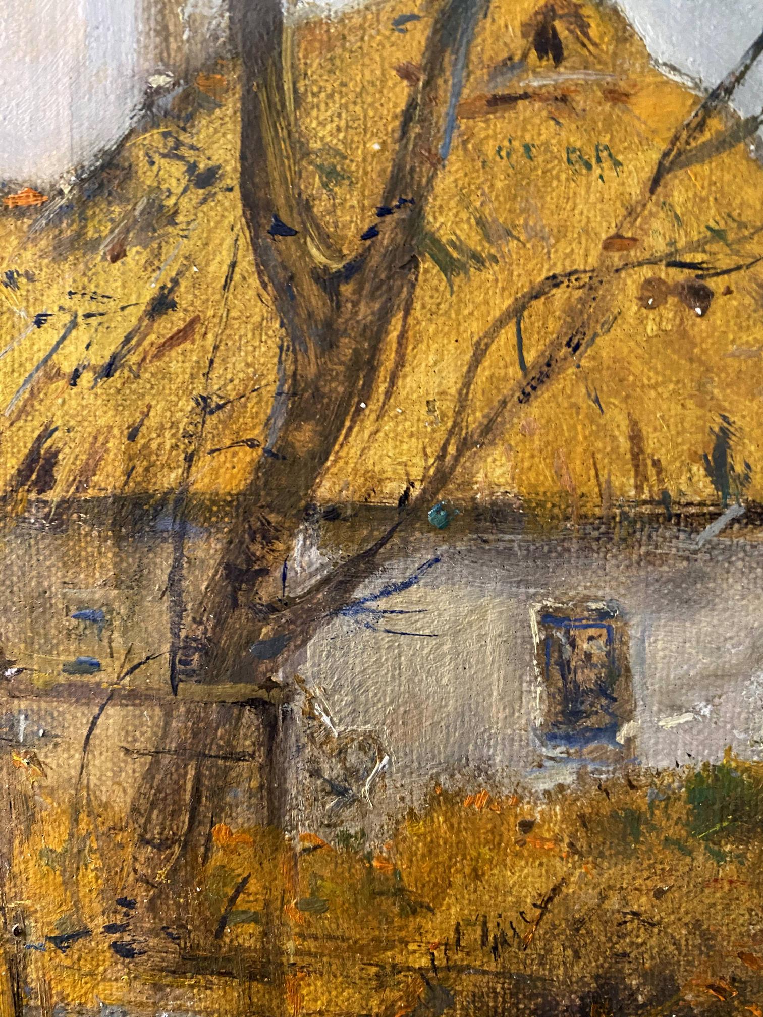 Oil painting Village dream by Litvinov Oleg Arkad’yevich, textured tree on golden field