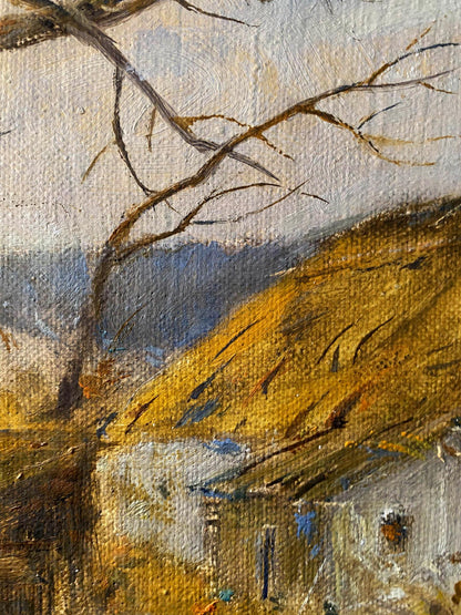 Oil painting Village dream by Litvinov Oleg Arkad’yevich: bare branches, golden hill, mountains