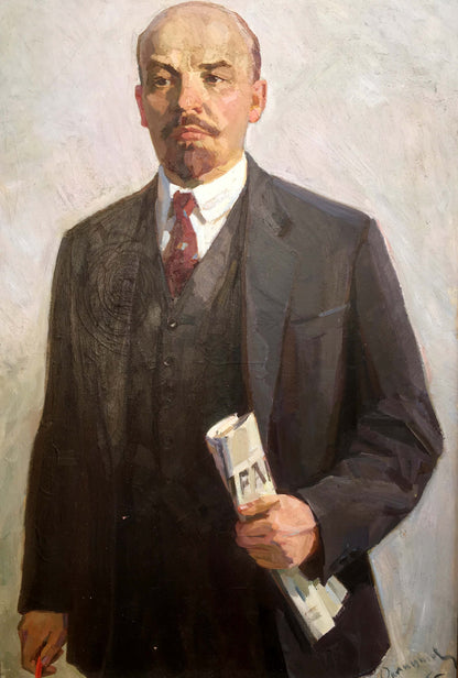 Oil painting of formal dark gray three-piece suit by Lenin Orlitskaya O.F
