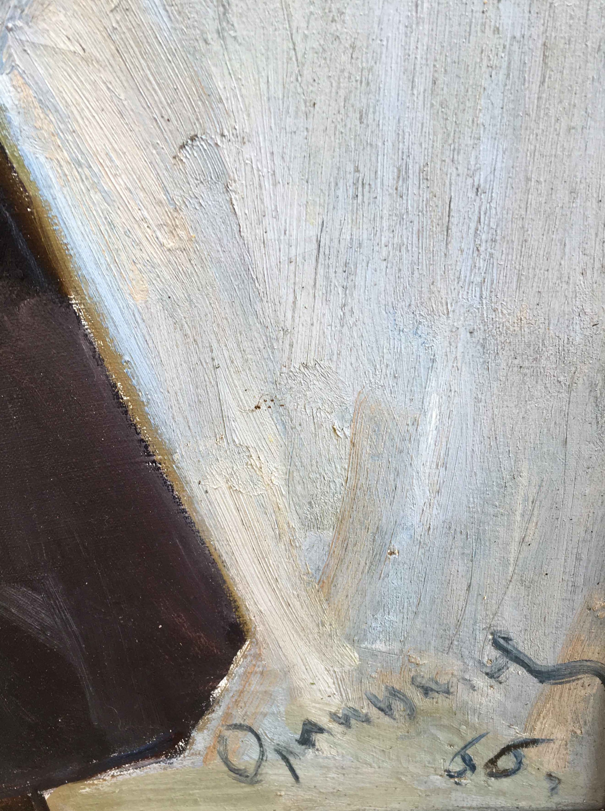 Oil painting by Lenin Orlitskaya OF textured off-white canvas with brown corner shape