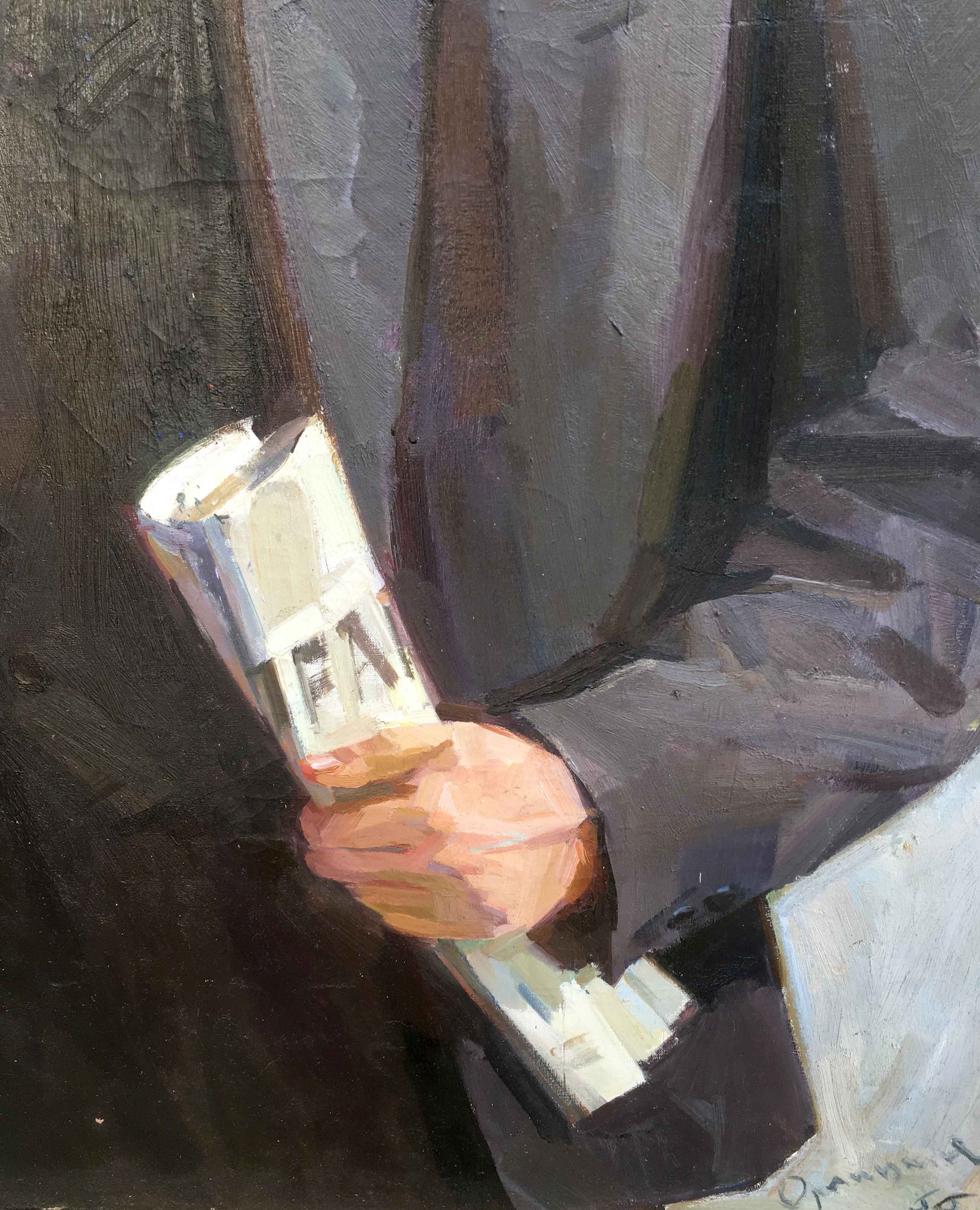 Oil painting of hand holding white silver Lenin Orlitskaya O.F cigarette pack