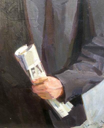 Oil painting of hand holding white silver Lenin Orlitskaya O.F cigarette pack
