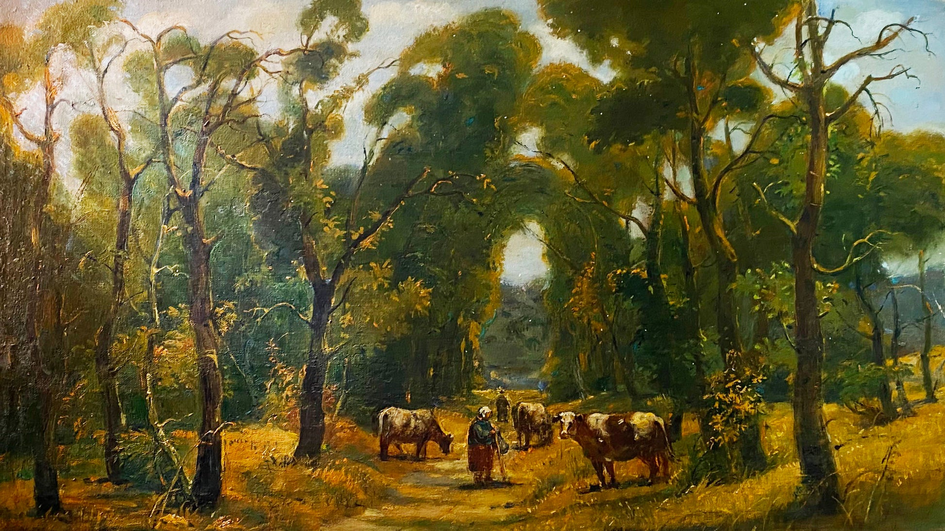 Oil painting Herd in planting by Litvinov Oleg Arkad’yevich, cows grazing under trees