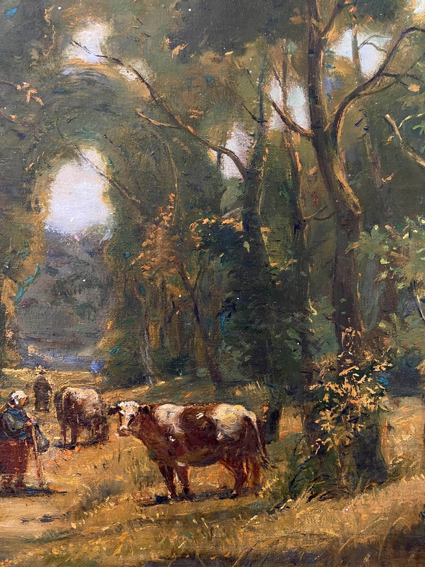 Rustic oil painting by Litvinov Oleg Arkad’yevich of brown and white cow in sun-dappled forest clearing