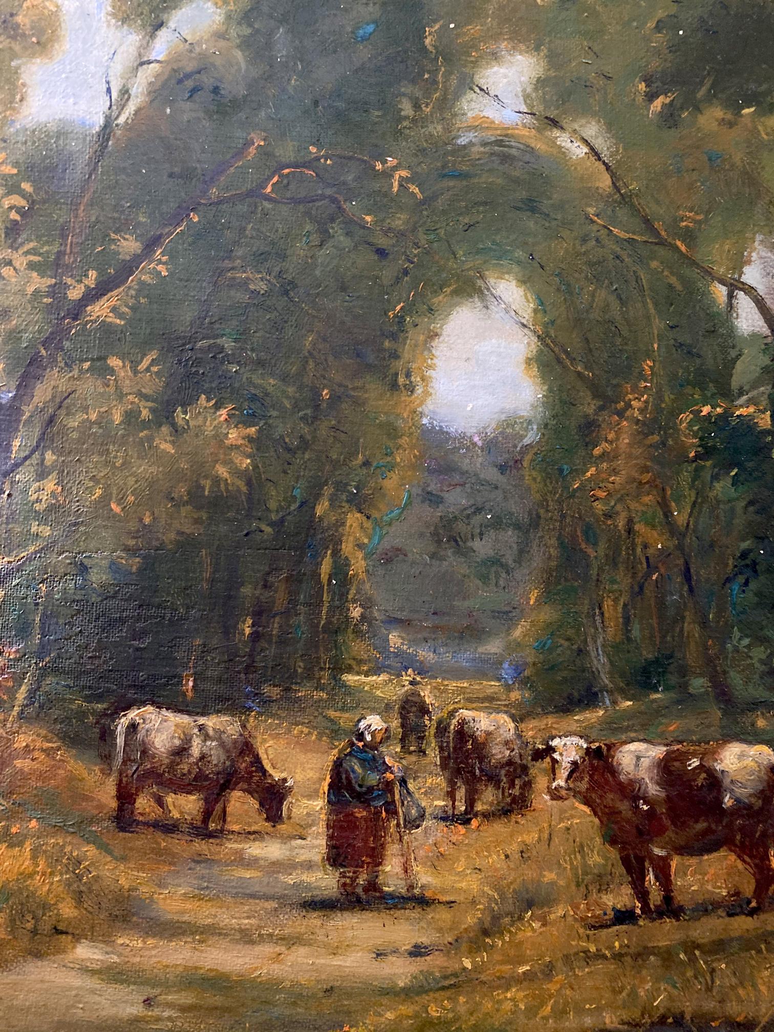 Rustic oil painting by Litvinov Oleg Arkad’yevich: woman with herd on forest path