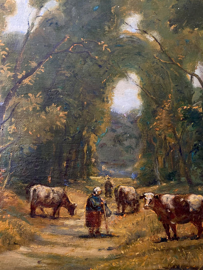 Rustic oil painting by Litvinov Oleg Arkad’yevich: woman with herd on forest path