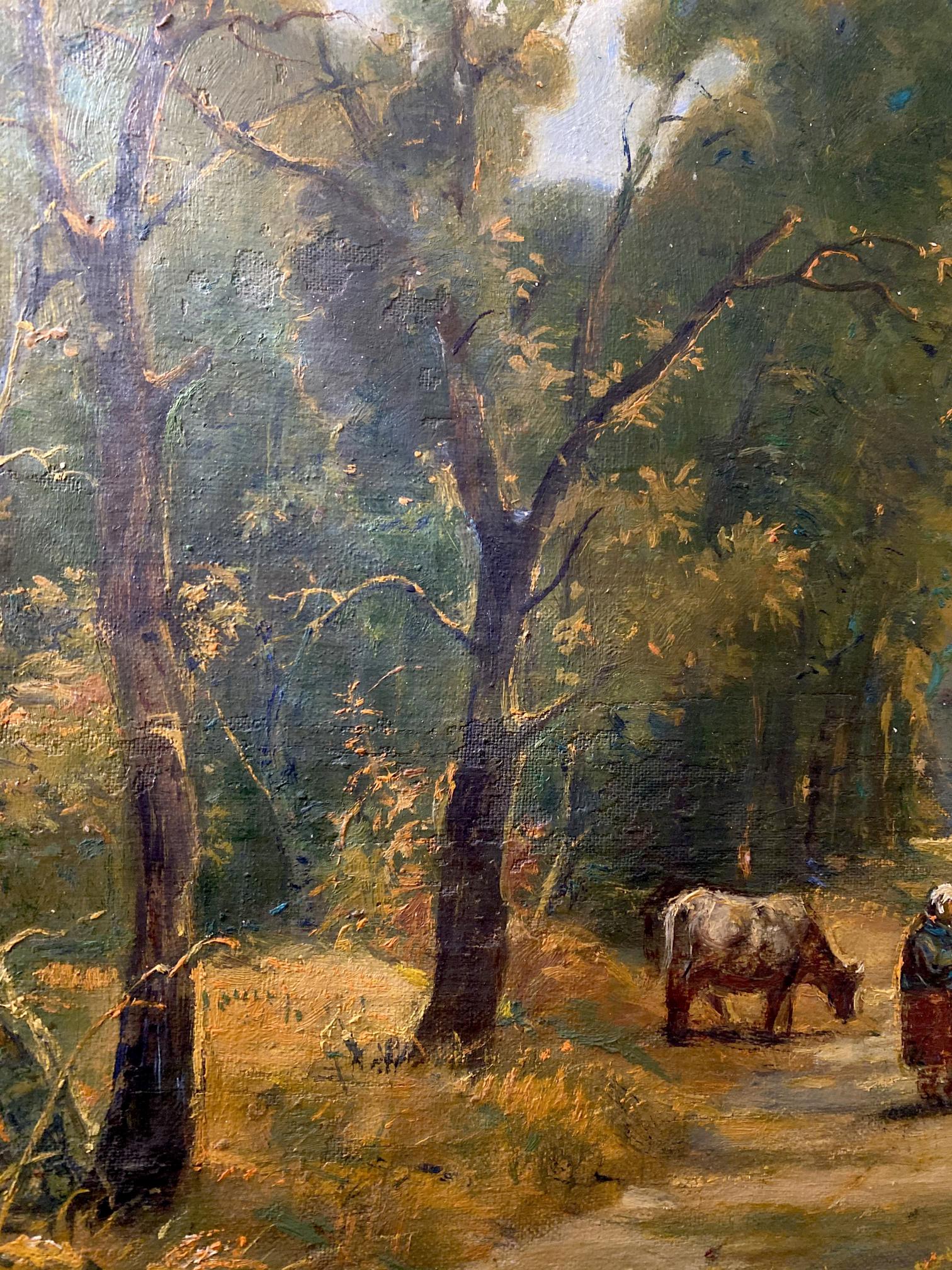 Rustic oil painting of mottled cow grazing by Litvinov Oleg Arkad’yevich